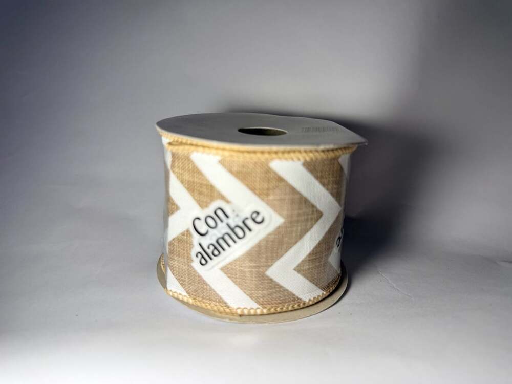 Offray Chevron Wired Ribbon Size 2-1/4 in x 9 ft Natural Tan White